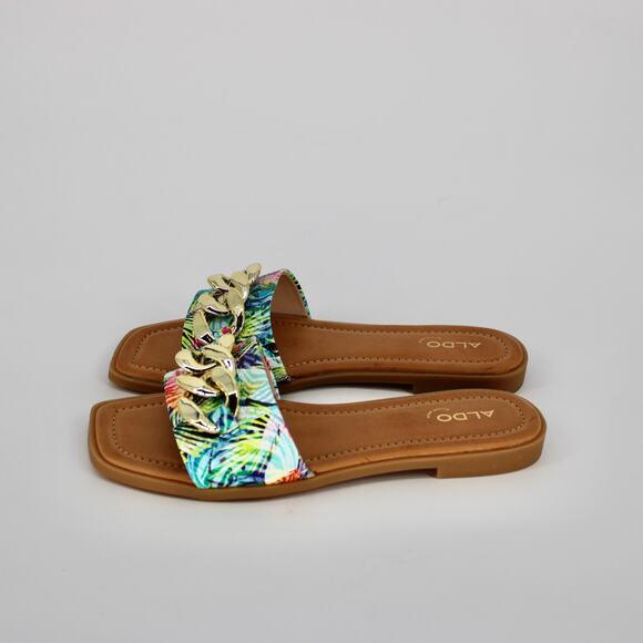 Aldo Ezio Buckled Flat Slide Sandals Womens Size 8.5 Bright Snake Multi Gold NEW - Picture 2 of 9